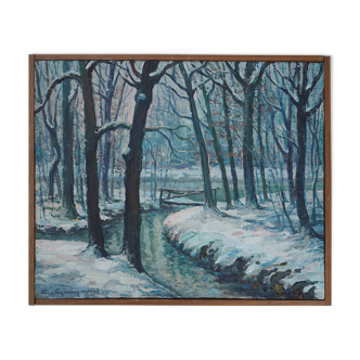 Painting Snowy and wooded river landscape HST signed early twentieth century