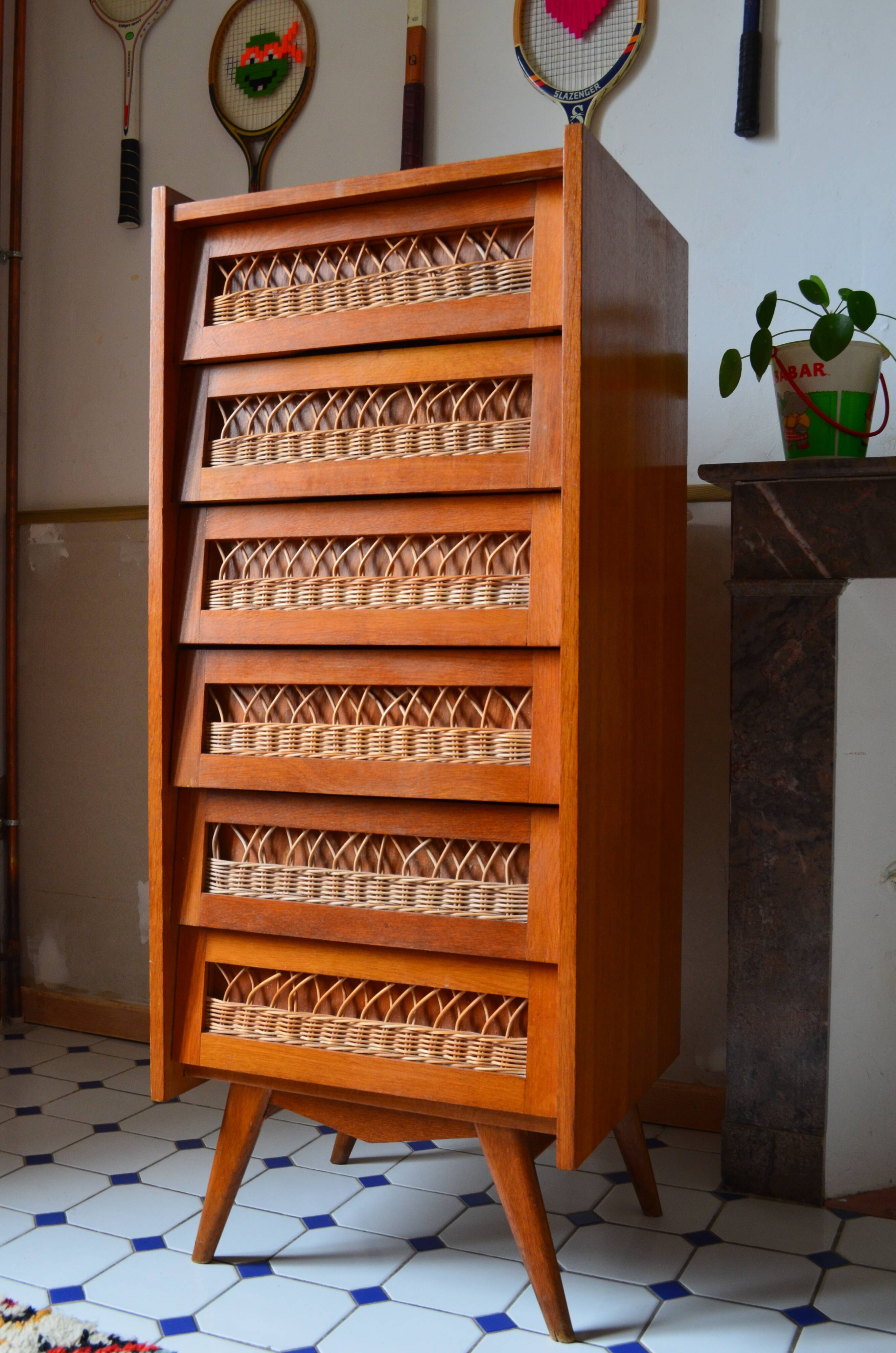 Wooden and rattan dresser