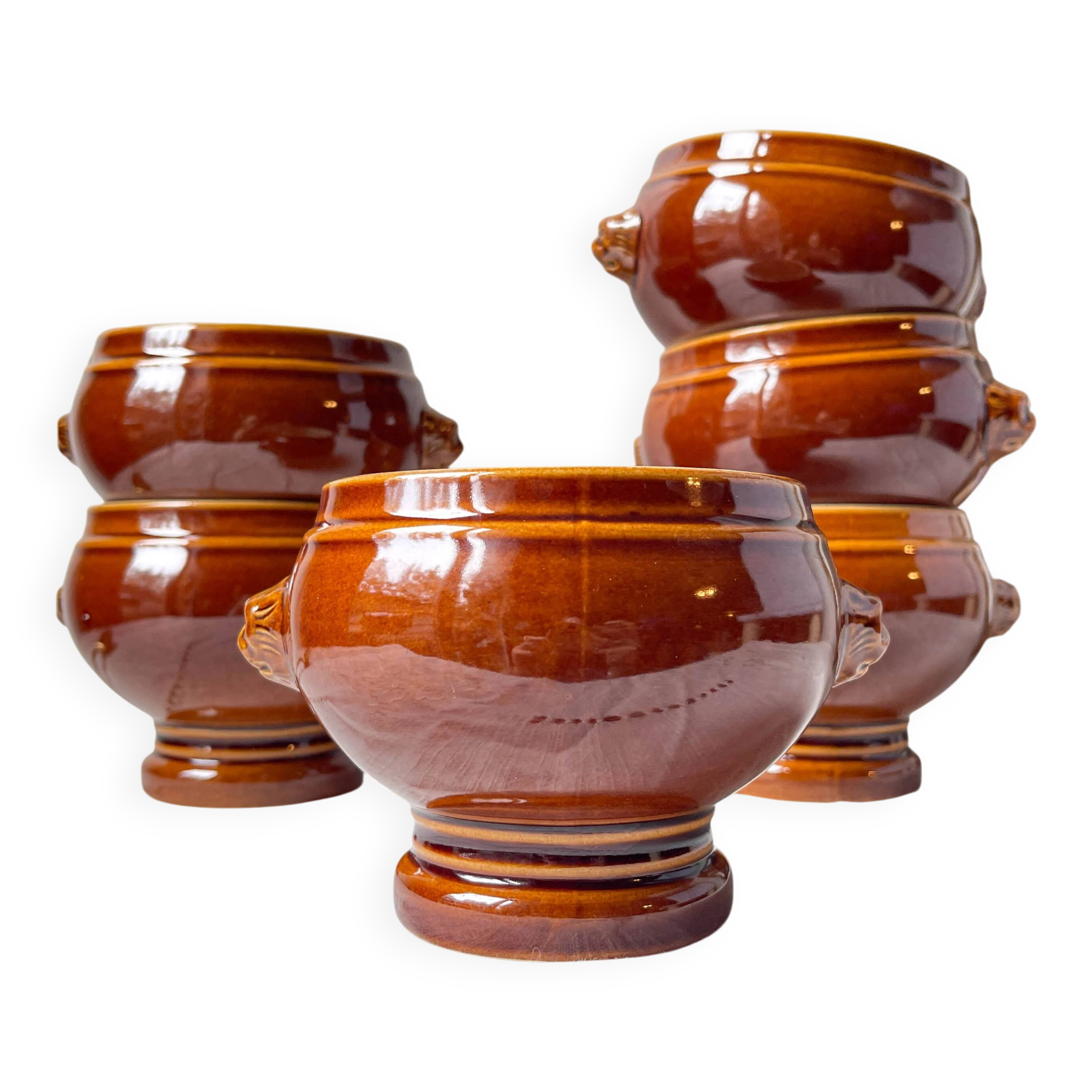6 lion head bowls in ceramic, vintage brown style Emile Henry, made in France.