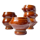 6 lion head bowls in ceramic, vintage brown style Emile Henry, made in France.
