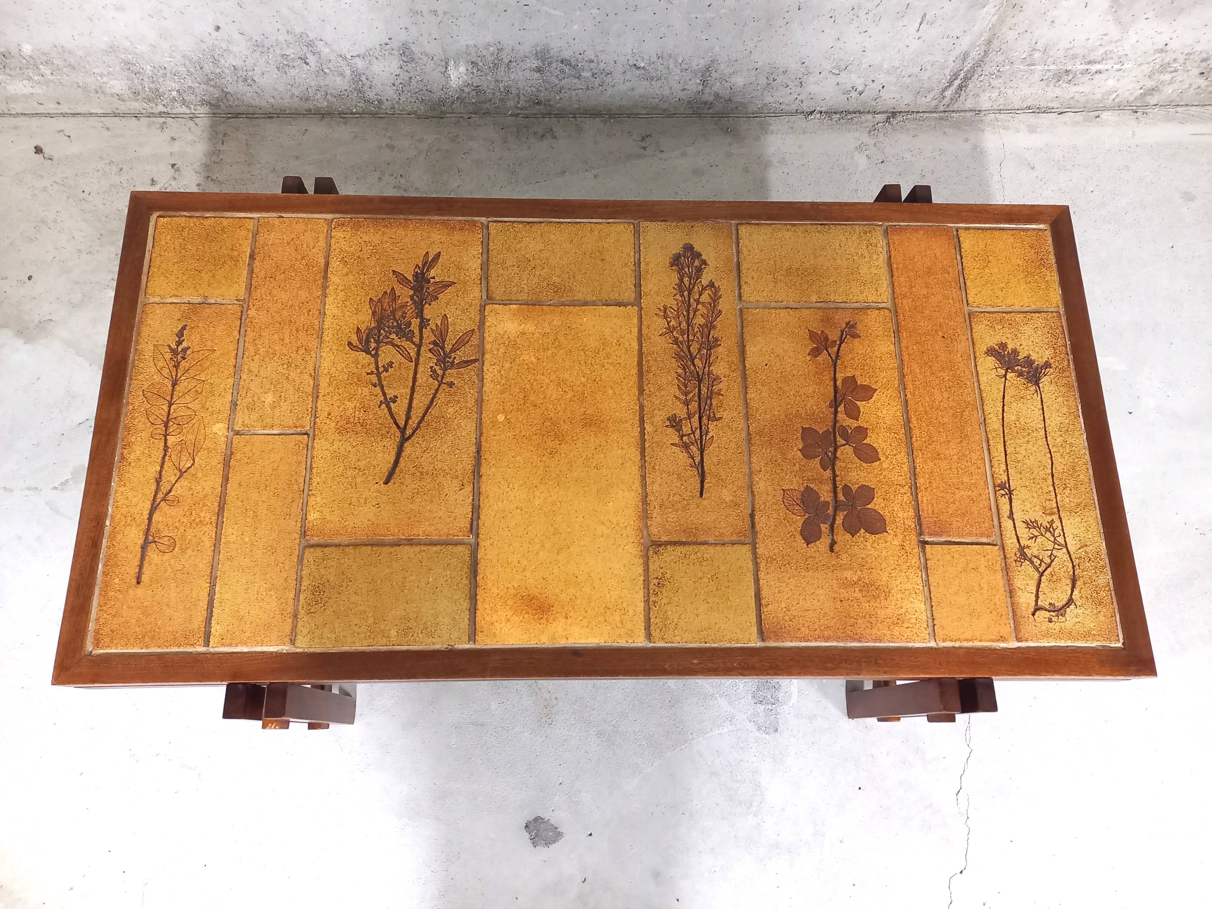 Vintage coffee table in wood and ceramics of Vallauris 60s 70s