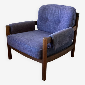 Fauteuil vintage bois et velours bleu