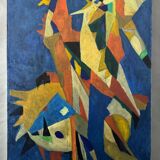 Oil on canvas by Jean Billecocq modern composition with roosters 1960