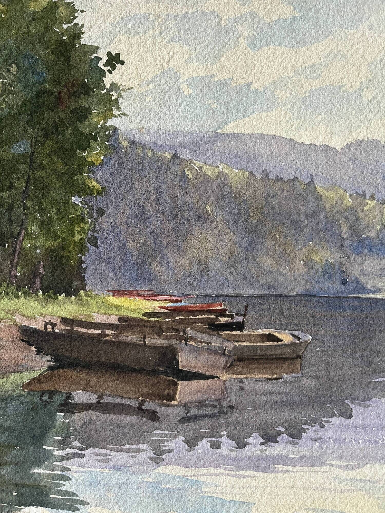 Tableau, aquarelle G. Girardot (1856-1914), Paysage aux barques vers 1903