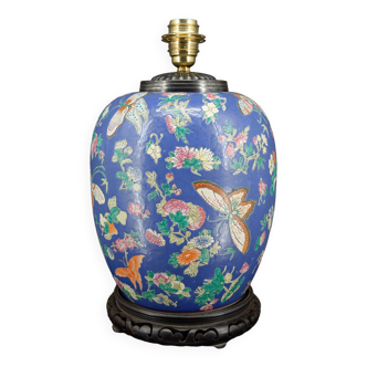 Chinese blue ceramic lamp with butterflies, Quing Thongzhi, China, Circa 1865