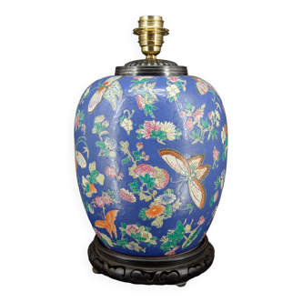 lampe chinoise en céramique bleue aux papillons, Quing Thongzhi, Chine, Circa 1865