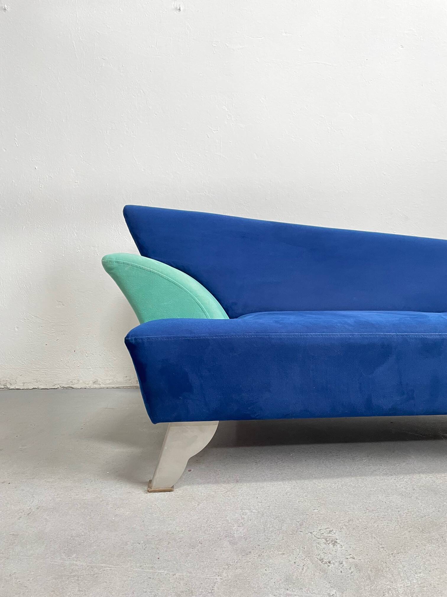 Memphis Style 2-Seat Sofa in Blue Microfibre Fabric, Postmodern 1980s Era