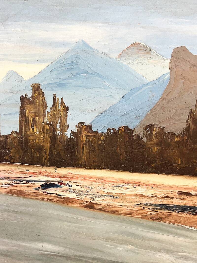 Painting “River in the Alps”, Oil on cardboard.