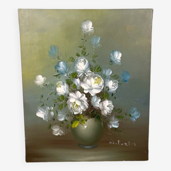 Nature Morte huile sur toile bouquet de roses blanches