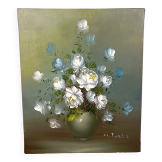 Still Life oil on canvas bouquet of white roses