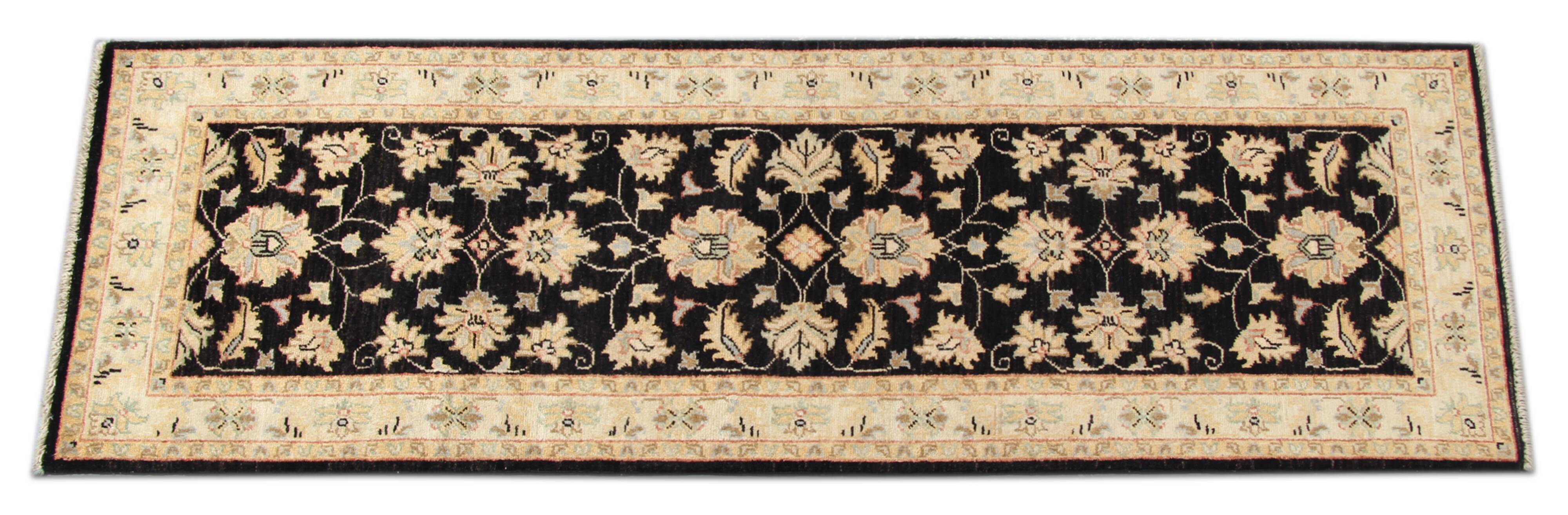 Black Wool Runner Rug, Handmade Floral Ziegler Hallway Runner 211 x 66 cm