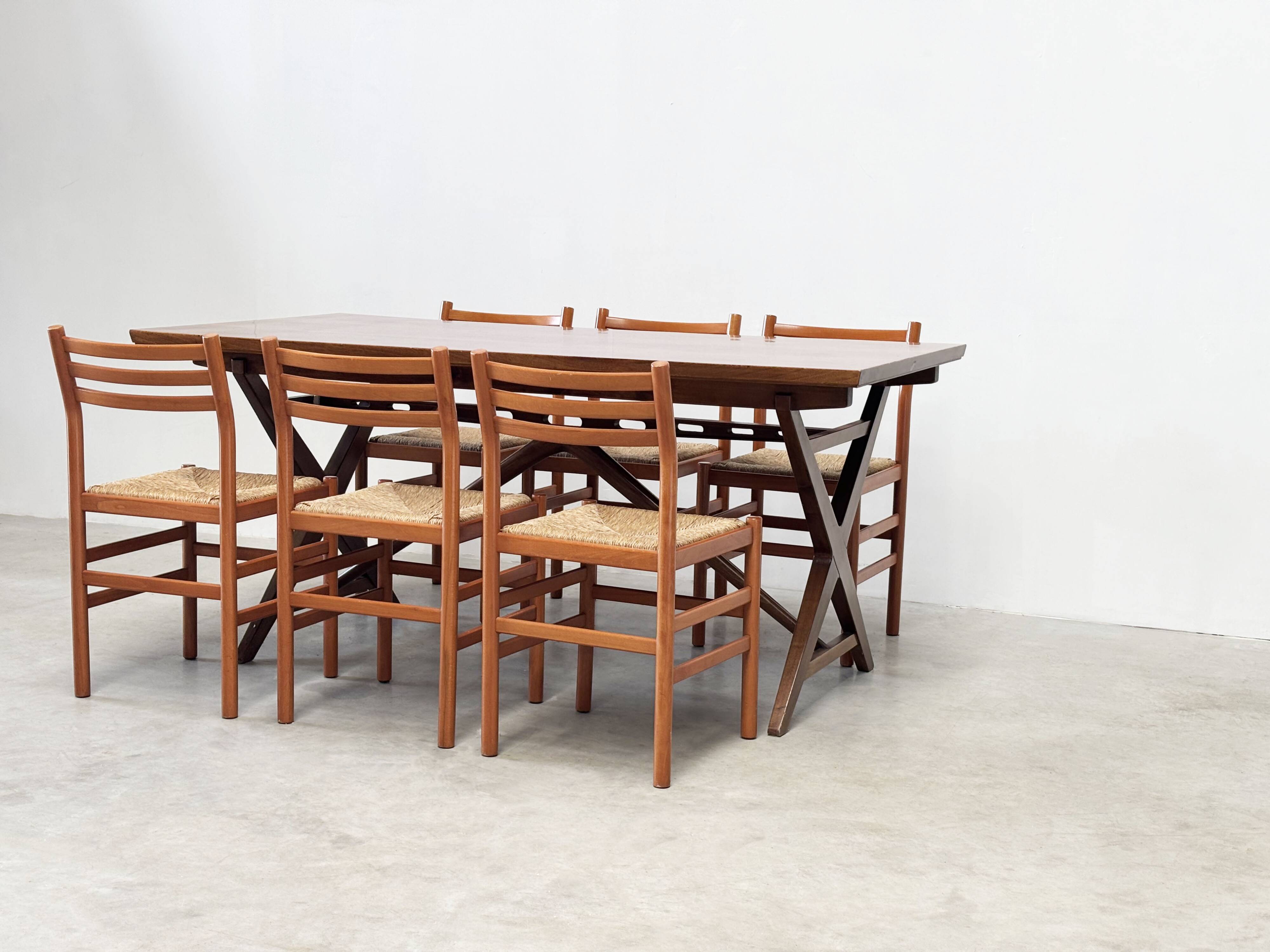 Set of six walnut and rattan dining chairs