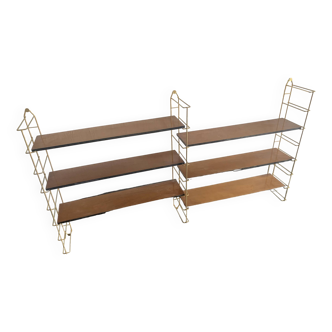 Vintage 1960 String golden wood wall shelf - 68 x 125 cm