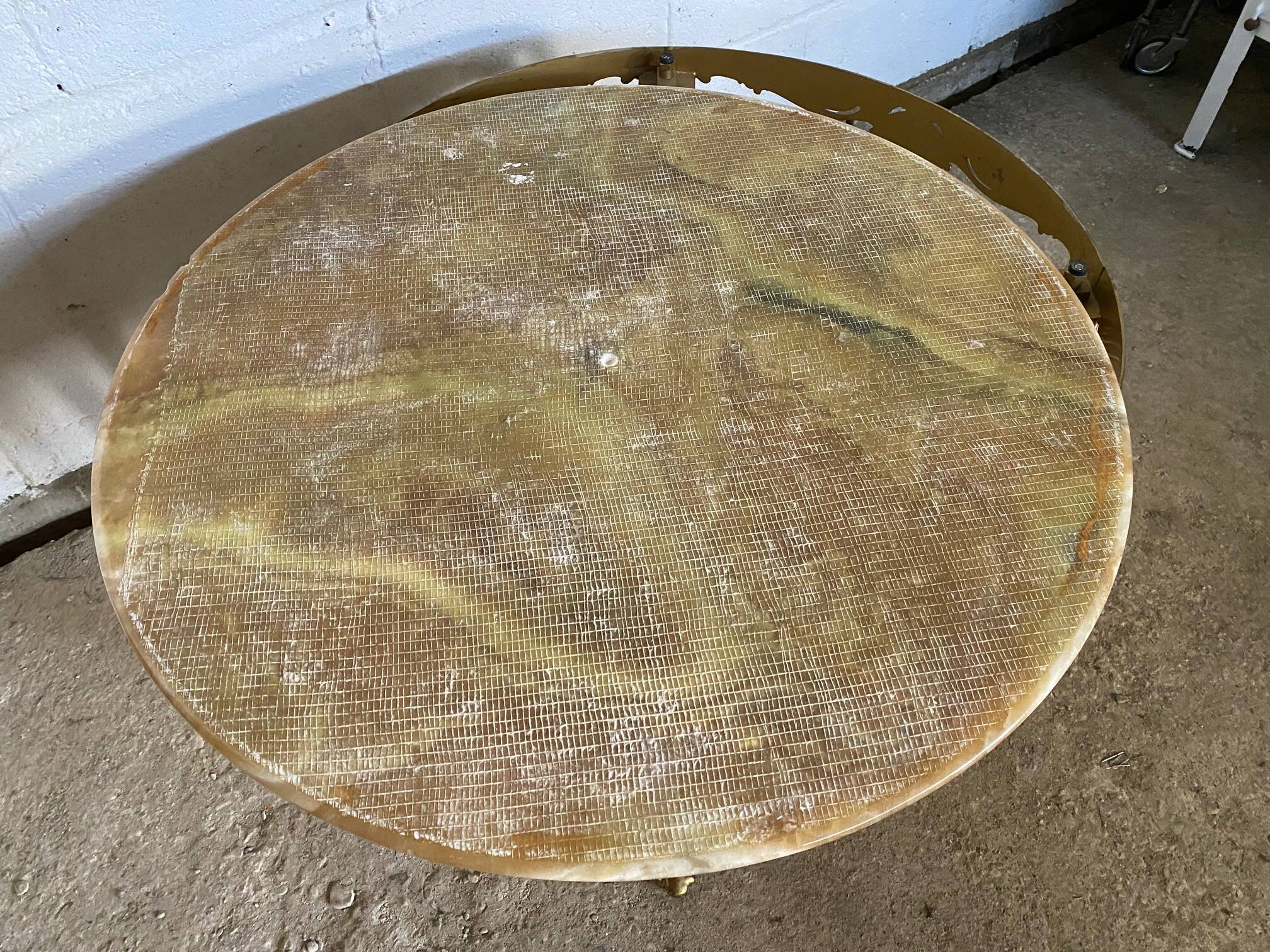 Vintage 1950s round onyx coffee table with brass base