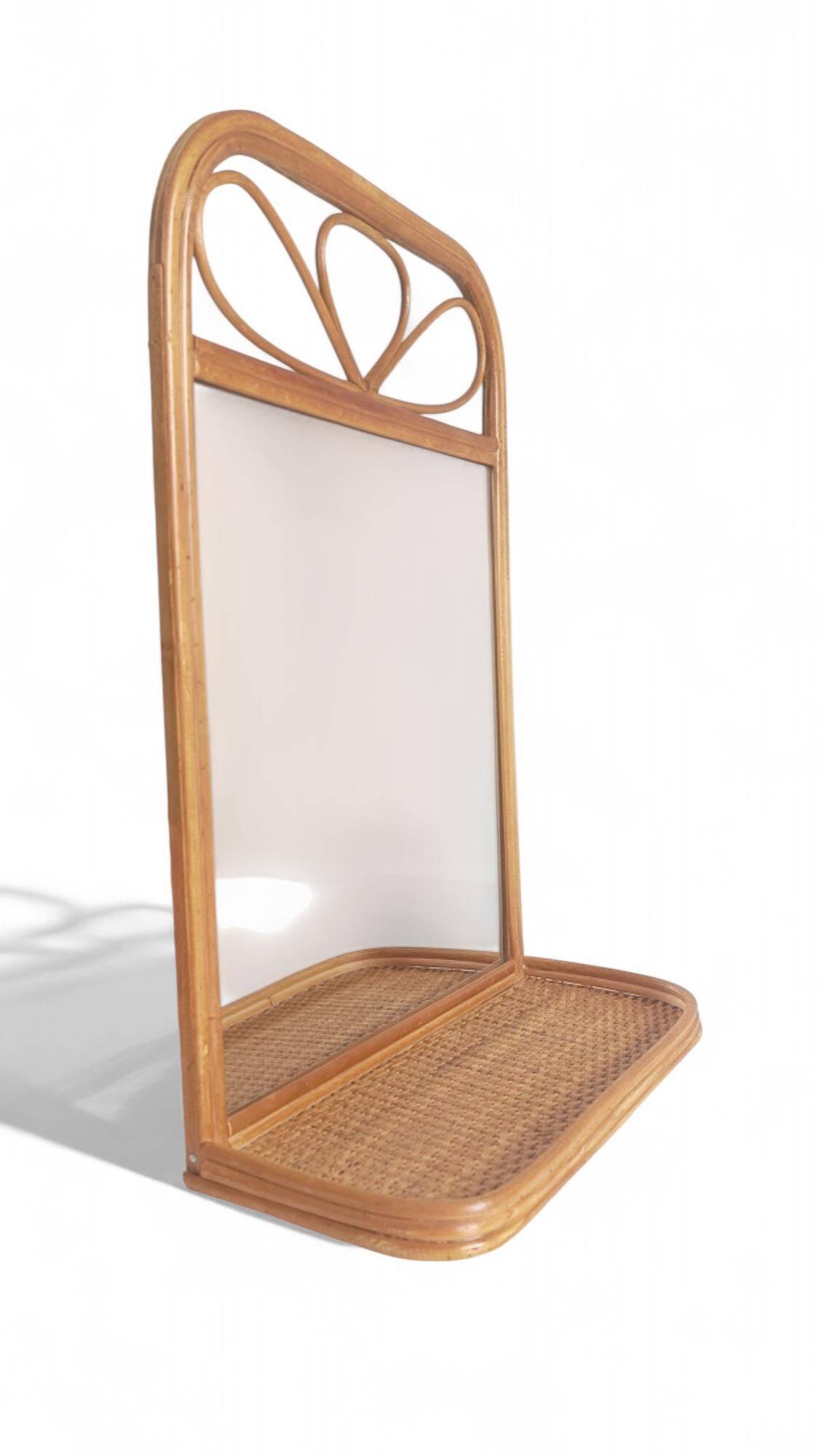 Mid Century French Riviera Rattan and Wicker Mirror With Shelf, Spain, 1960s–70s