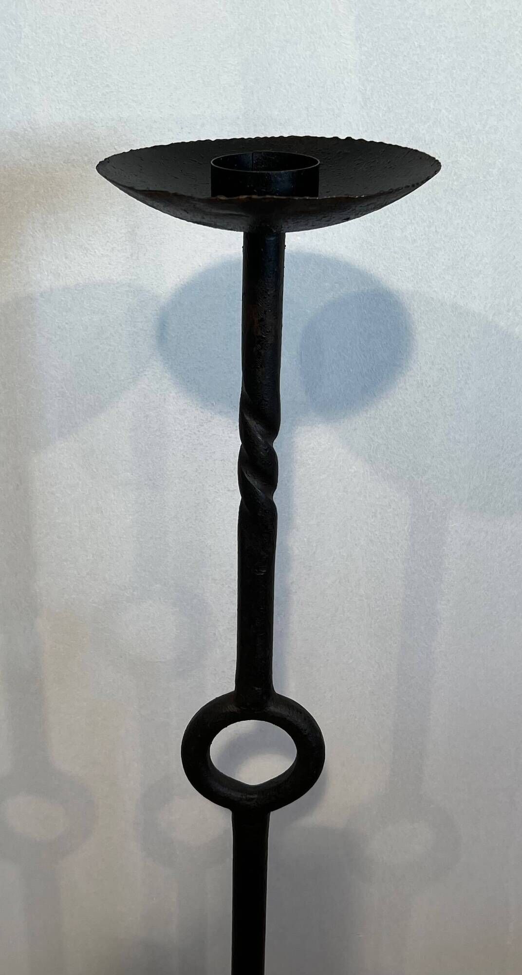 Pair of Iron Forged Candle Holders on a Stand with a Twisted Shaft and Ring. Work