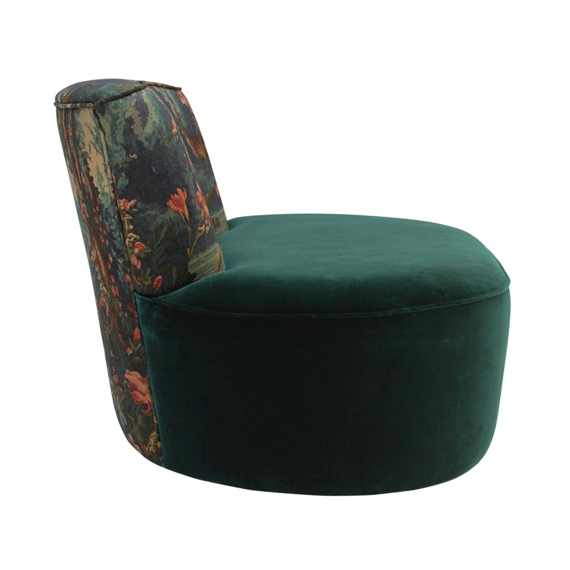 Modern Mid-Century Style Green and Forest Motif Linen and Velvet Armchair France
