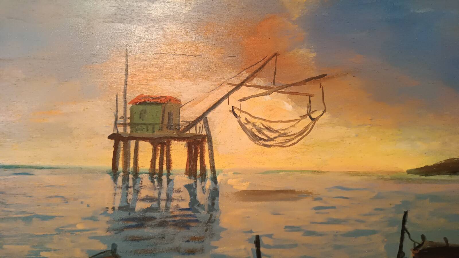 Oil painting on faesite 70s mouth of the Arno Pisa