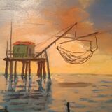 Oil painting on faesite 70s mouth of the Arno Pisa