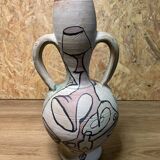 Hand-painted terracotta amphora, 60's design, signed "tm", vintage