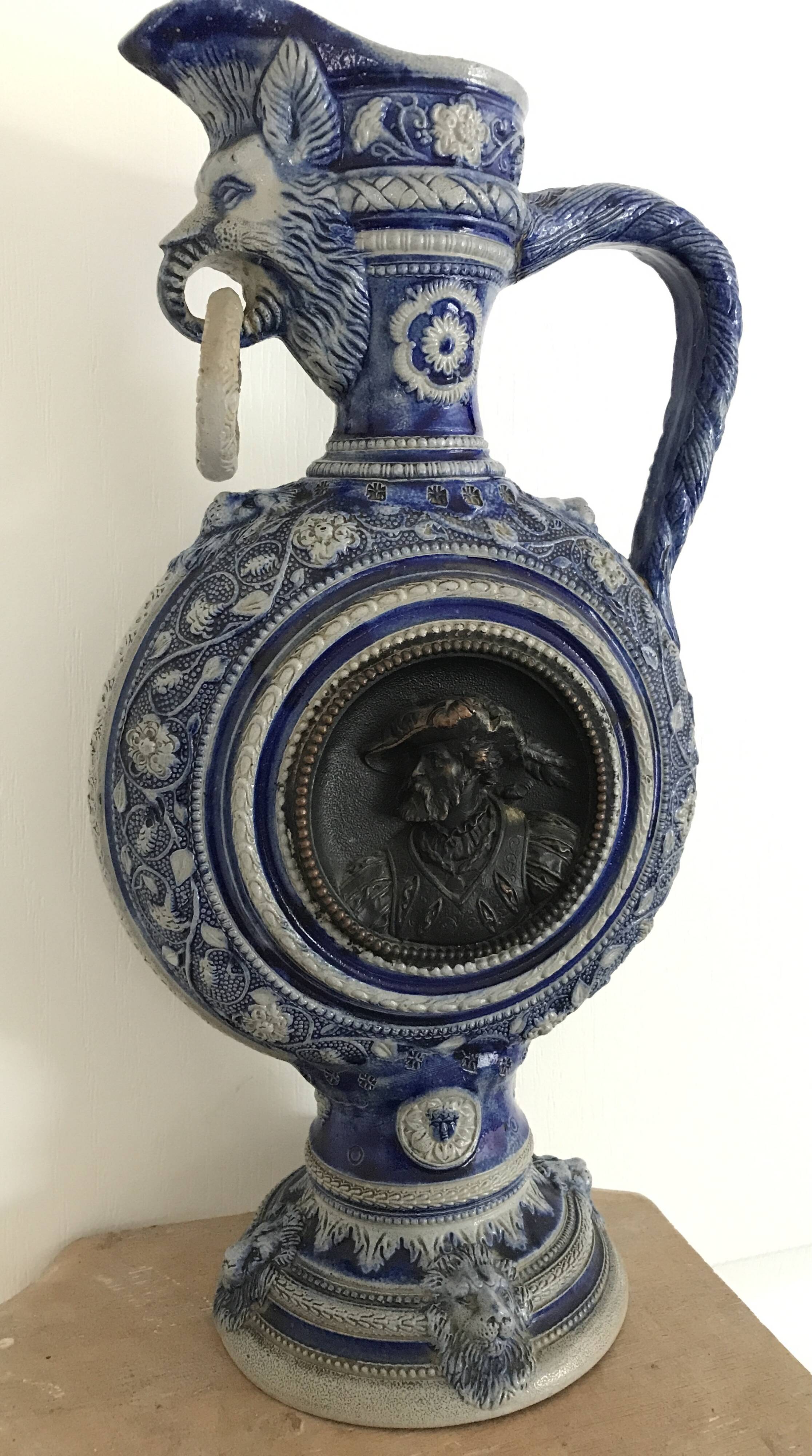 PITCHER Ewer in Stoneware from WESTERLAND, Germany, medallions and sculptures