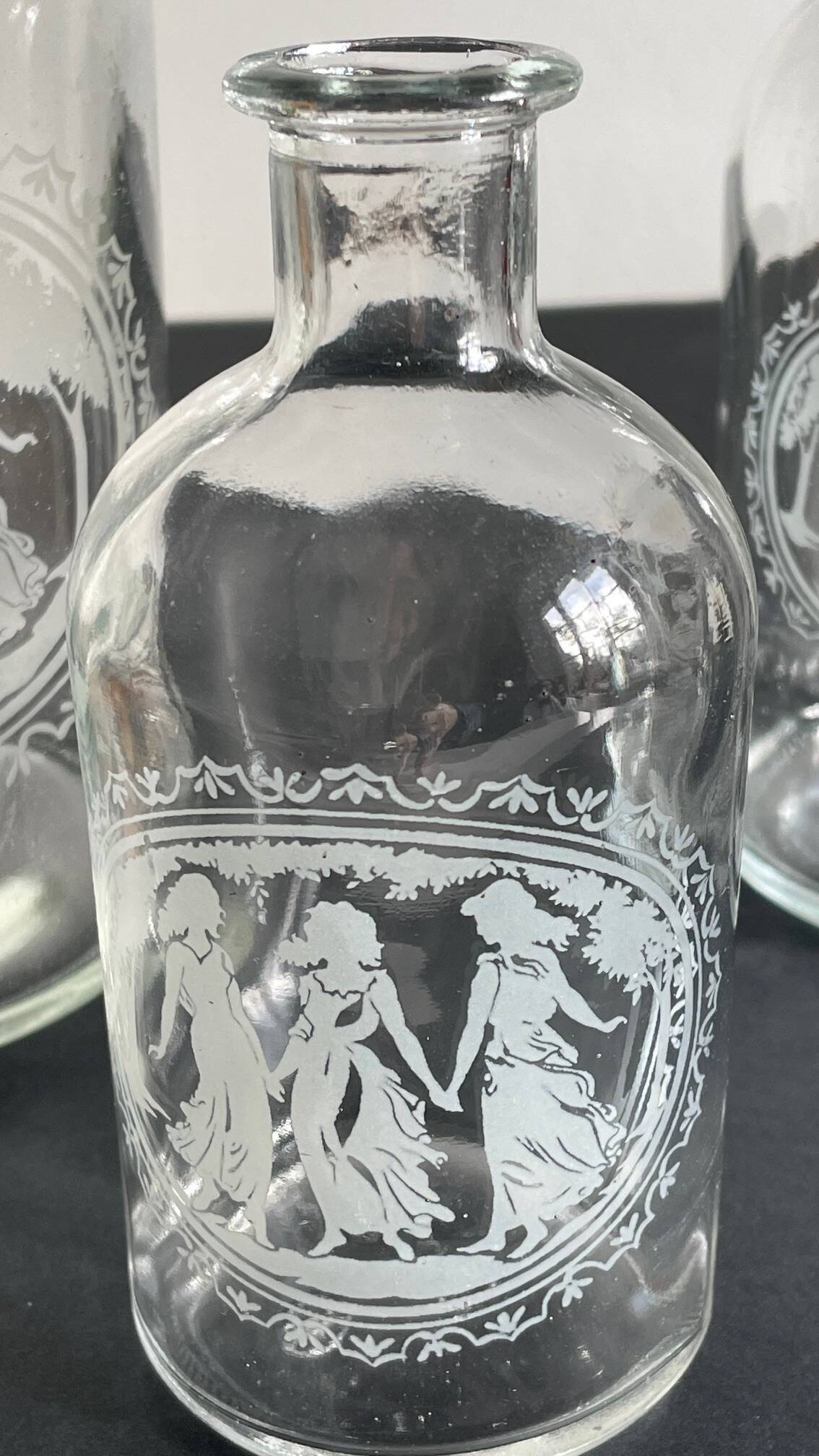BOTTLES Engraved Glass and VINTAGE Wood