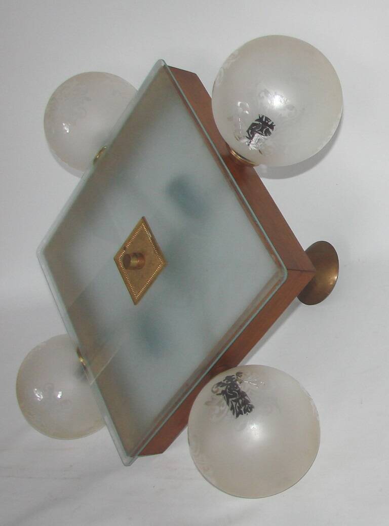 Mid-century vintage chandelier, 1950s, brass, wood and frosted glass, 4x E1