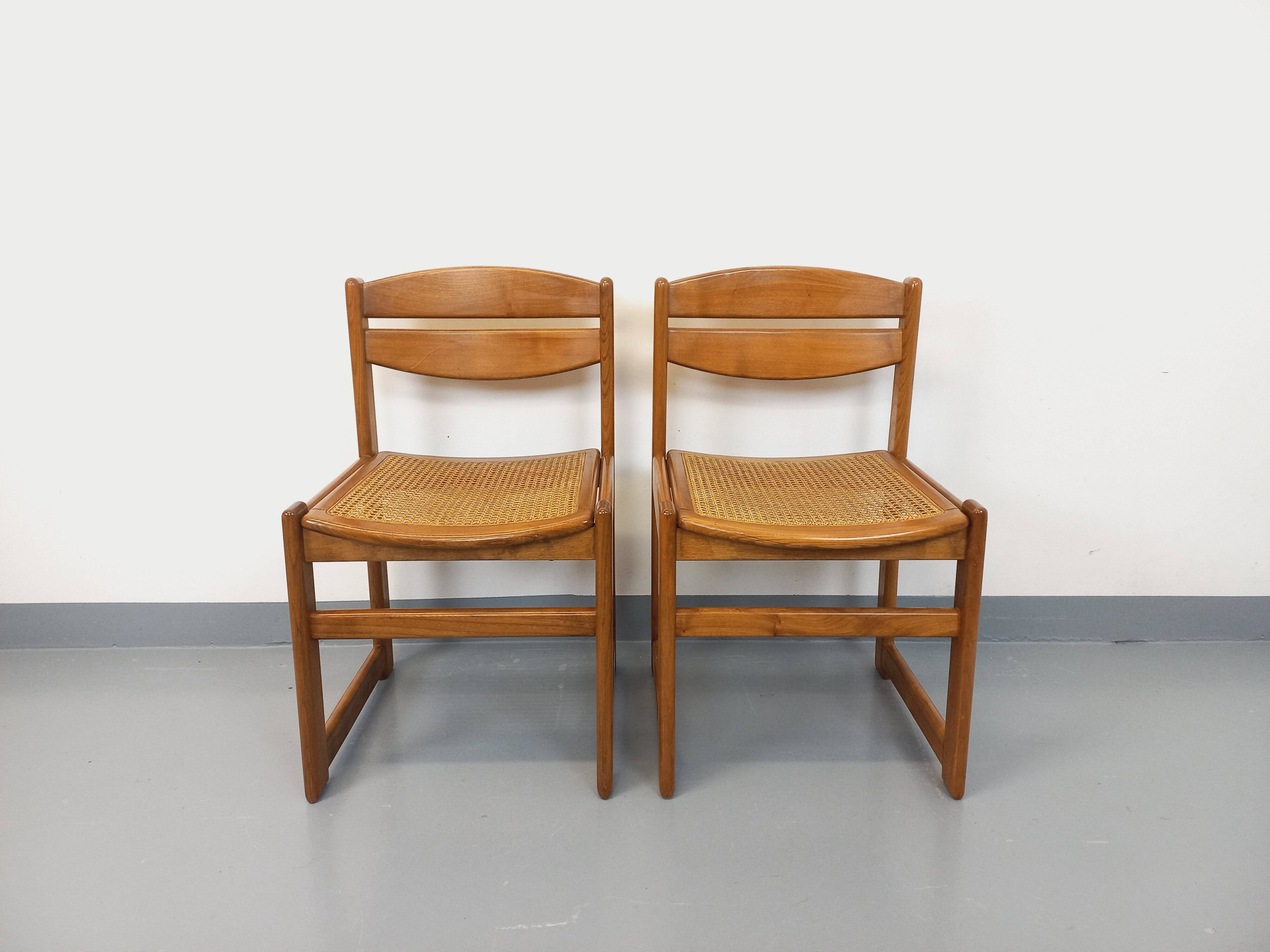 Pair of vintage sleigh chairs in beech wood and cane from the 70s