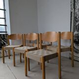 Set of 6 stackable chairs in beech and jute.