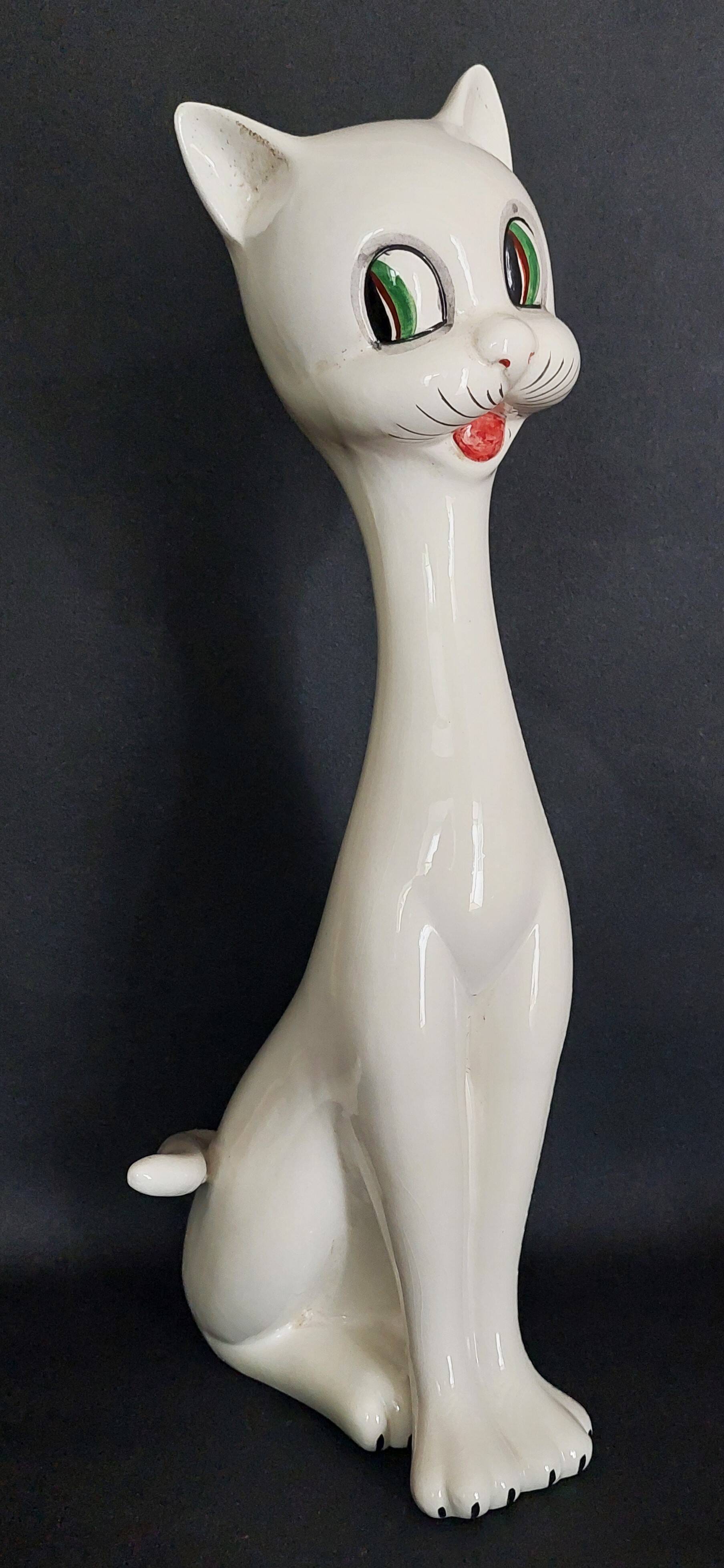 Chat au long cou céramique vintage Cevac France XXème