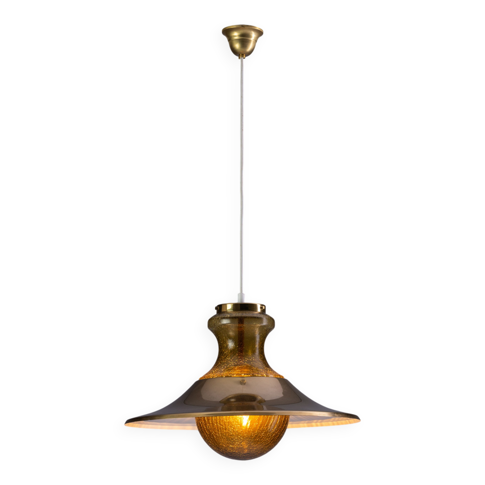 Large glass ‘‘bubble’’ chandelier with brass shade