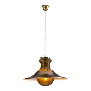 Grand lustre « bulle » en verre avec abat-jour en laiton