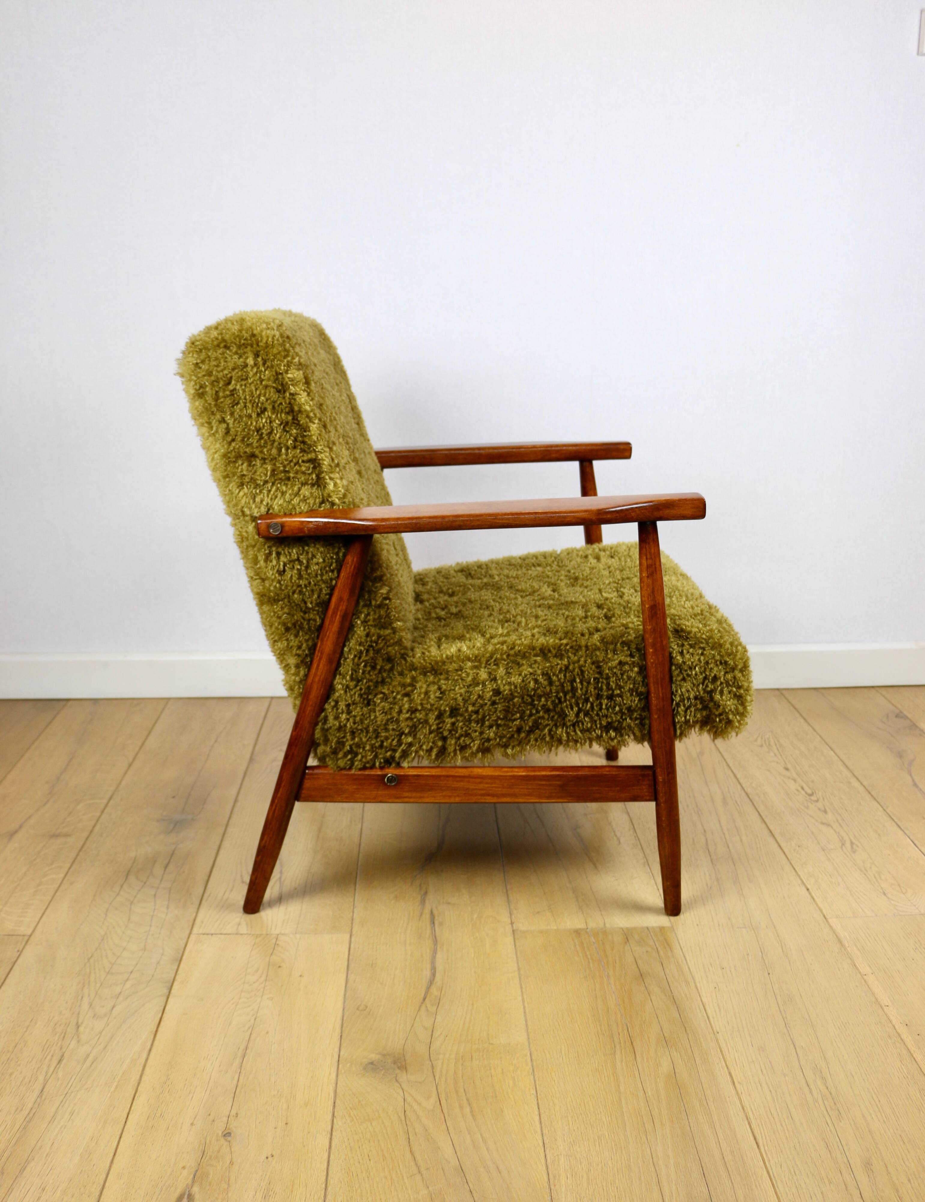 Vintage armchair, 1970s red fox - high pile khaki / olive - long pile