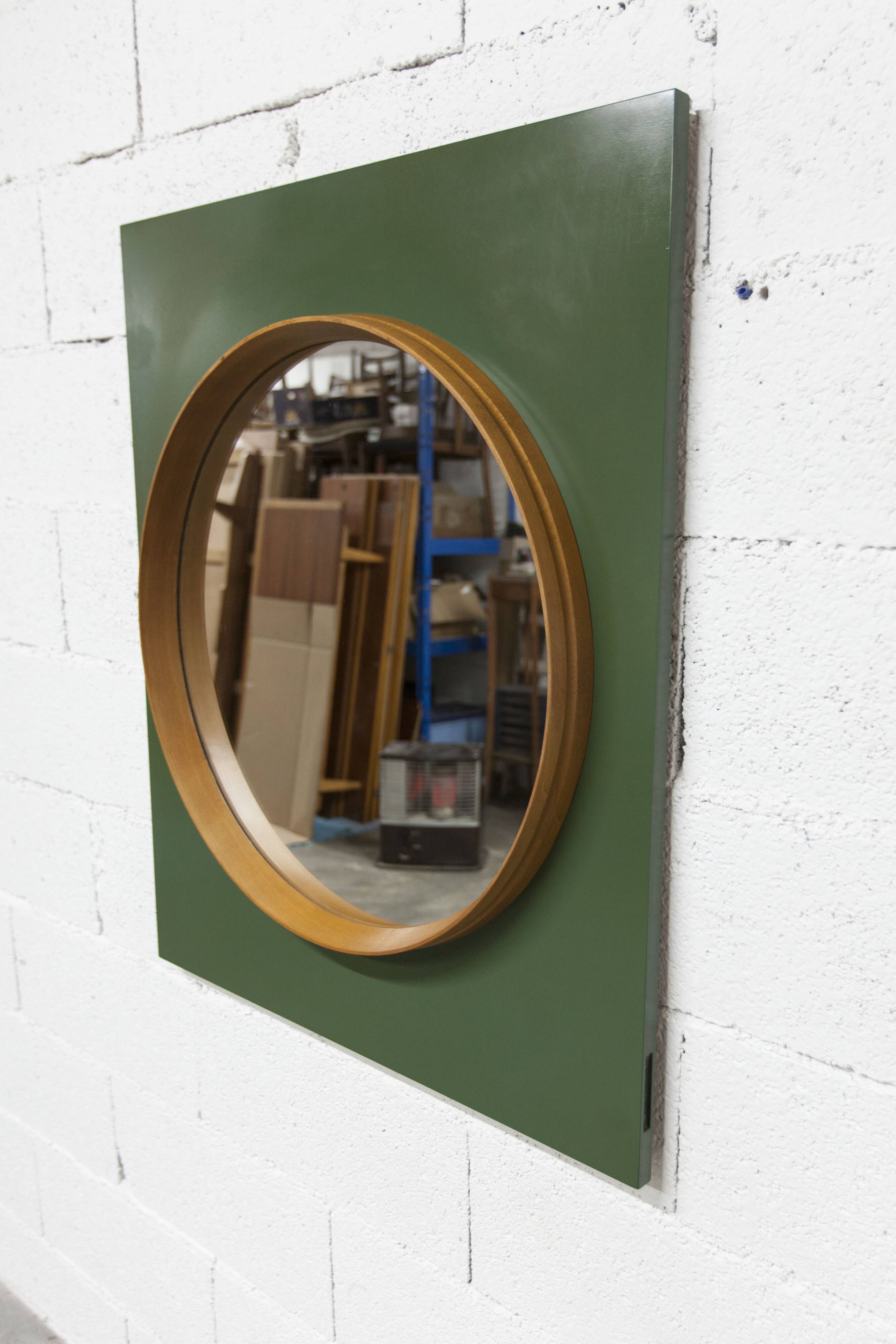 Unusual round wall mirror 60 cm teak edge on green rectangular board 1960.