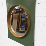 Unusual round wall mirror 60 cm teak edge on green rectangular board 1960.