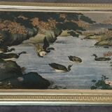Old painting with a polychrome print decoration of ducks in nature.