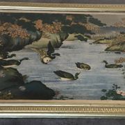 Old painting with a polychrome print decoration of ducks in nature.