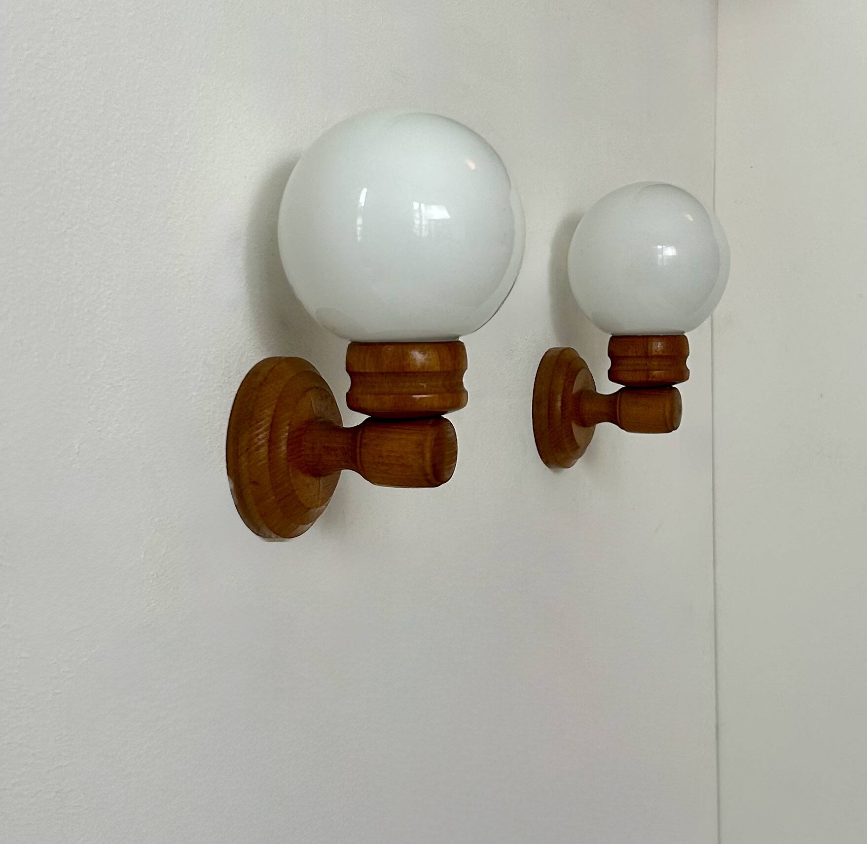 Pair of vintage wall lights, pine and opaline glass, France, 1980
