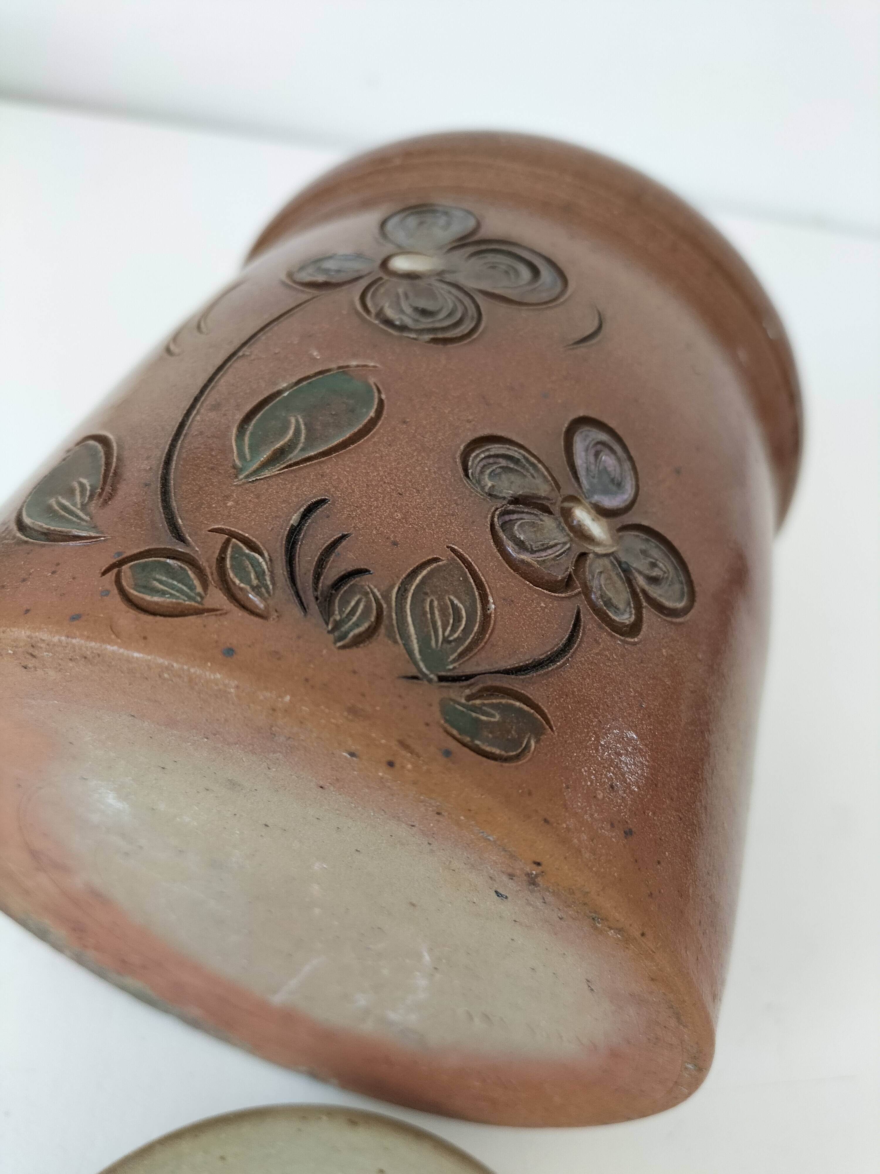 Vintage tea pot in brown flowered stoneware – La Poterie des Mottes – Saint-Amand