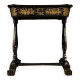 Lacquered work table, blackened wood decorated with Chinese scenes, Napoleon III period circa 1850