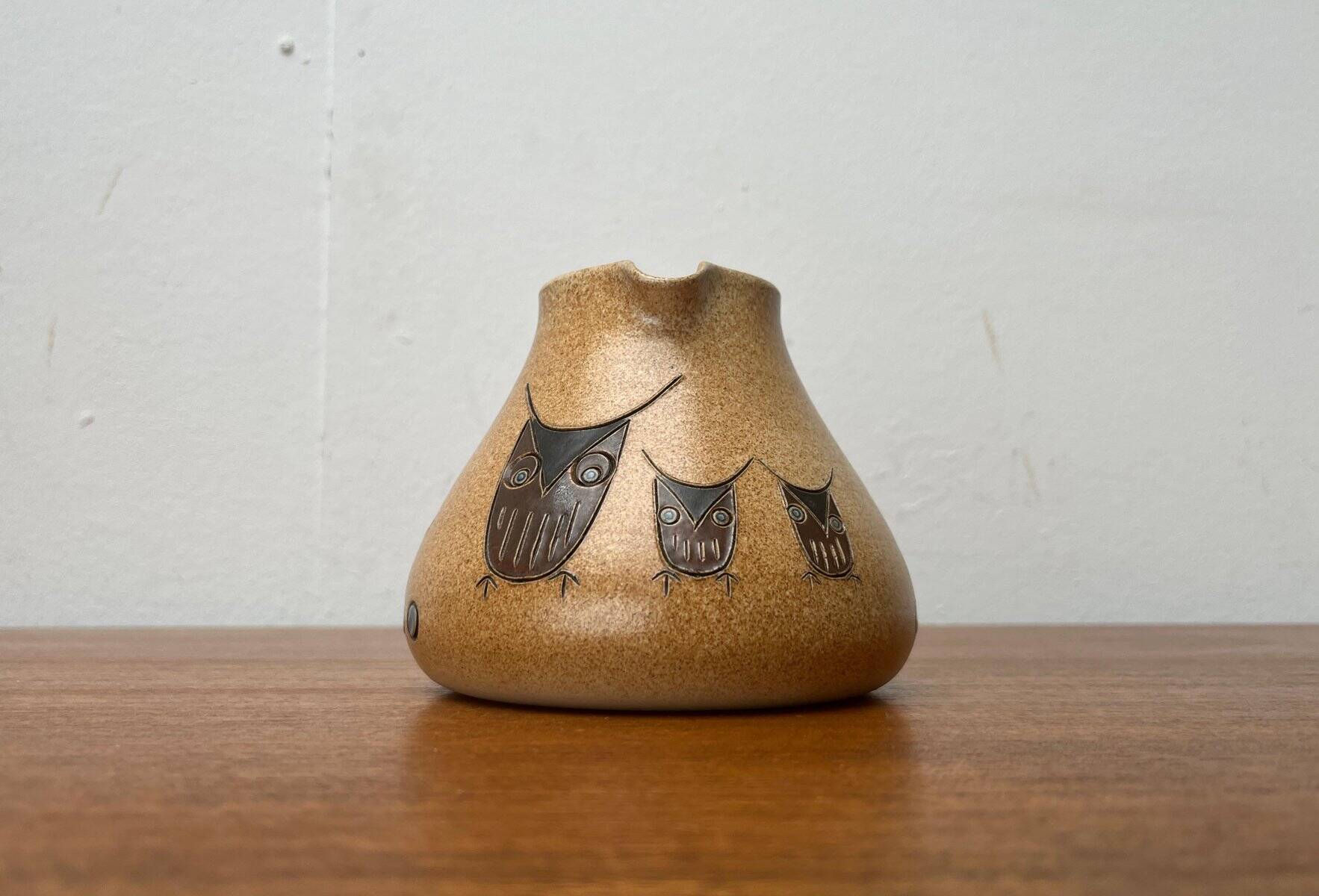 Mid-century German ceramic studio pitcher with owl motif by Heinz Theo Dietz, 1960s.