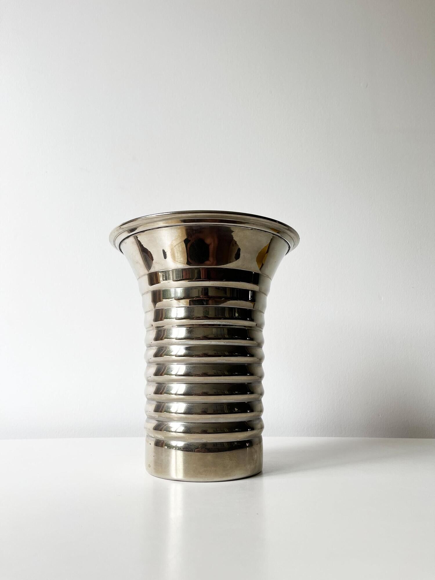 Vintage modernist striped polished aluminium vase