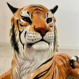 Old vintage ceramic tiger 70s Italian design lying position