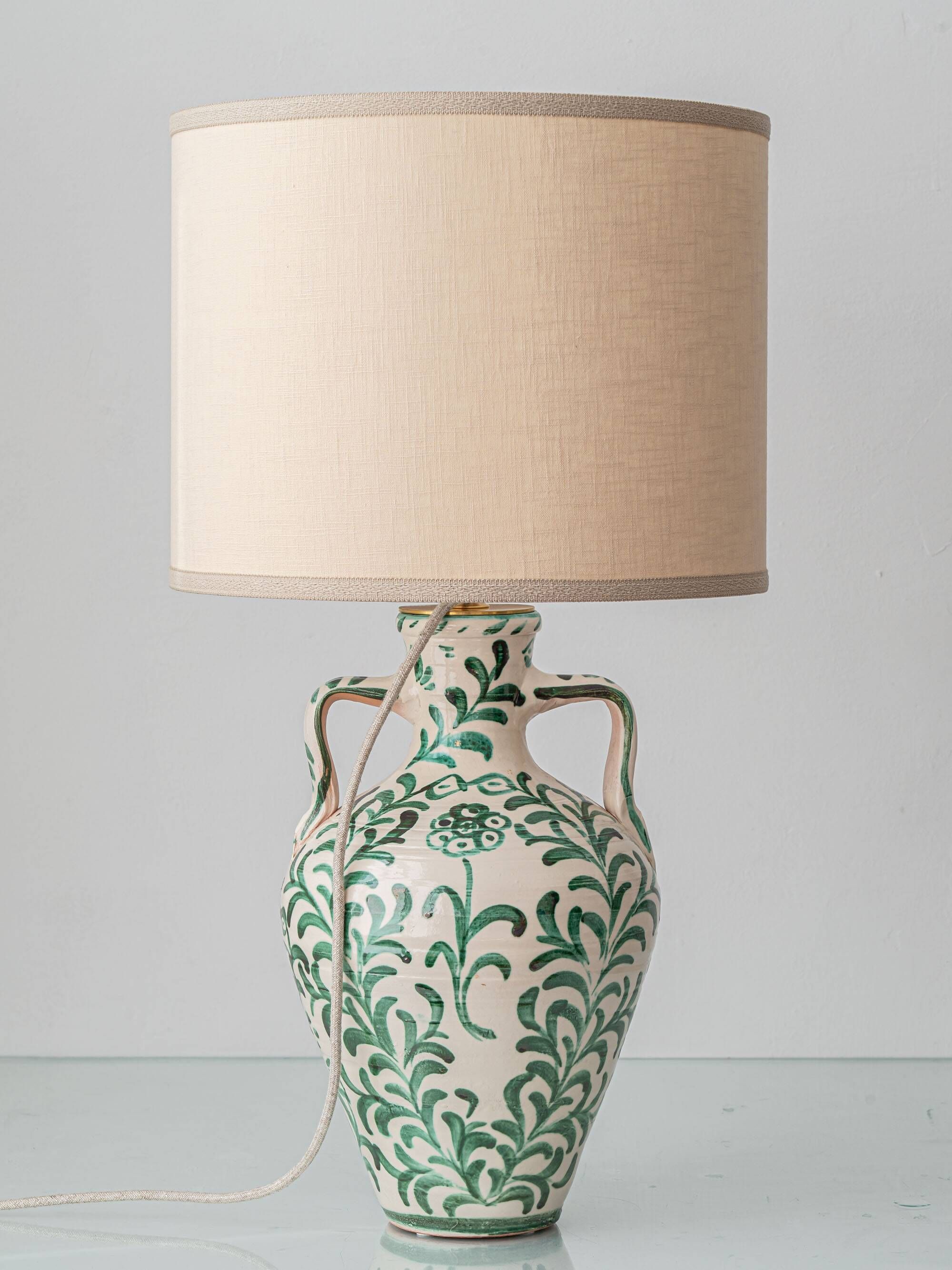 Spanish Revival Ceramic Table Lamp Pair from Granada, New Linen Lampshades