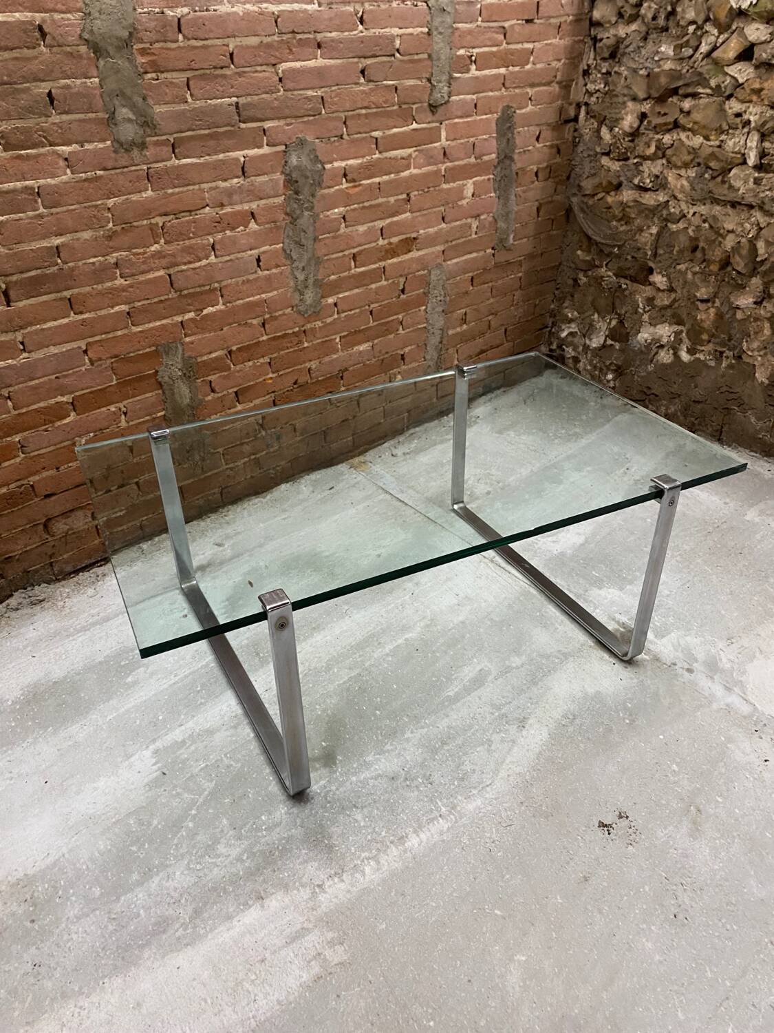 Vintage glass and chrome coffee table. Model K831 by KF Möller.