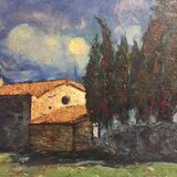 Table oil on landscape canvas