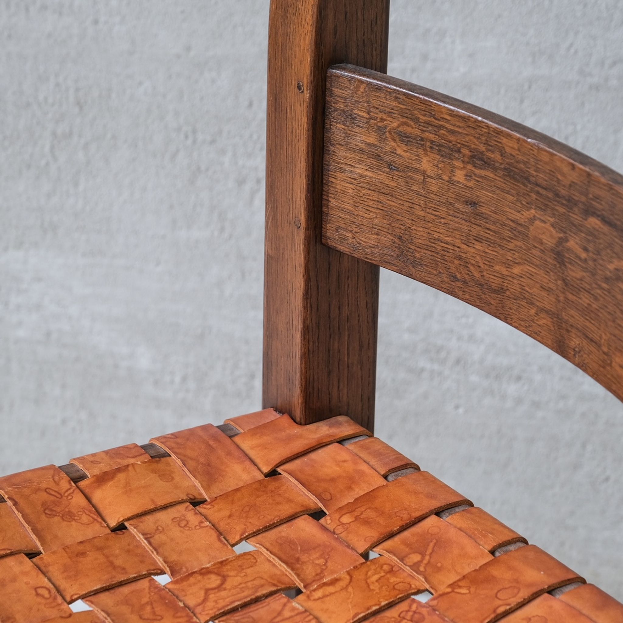 Set of Six Leather and Oak Mid-Century Dutch Dining Chairs