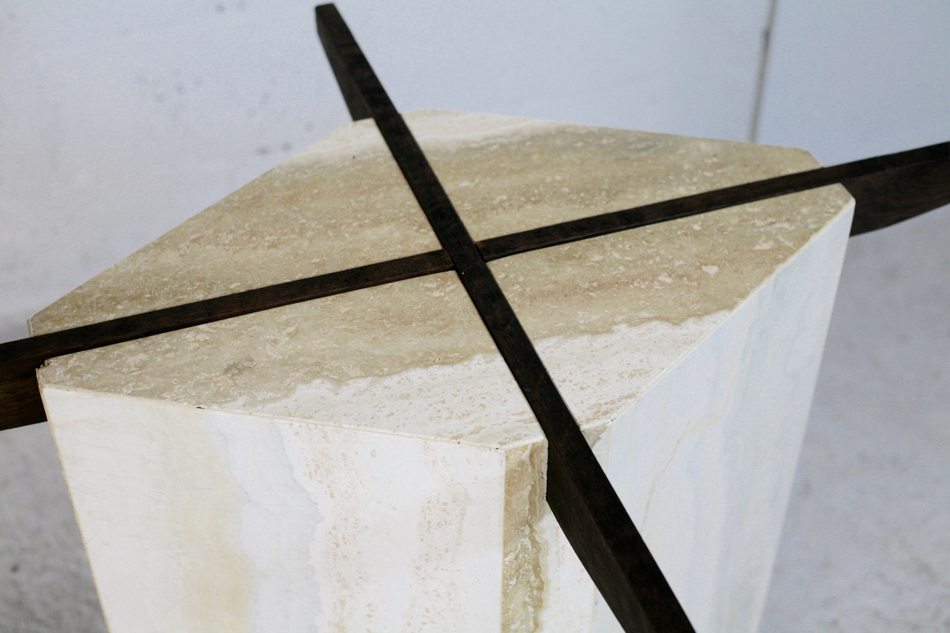 Living table, Comblanchian stone base and elliptical tray in smoked glass, Italy, 1970