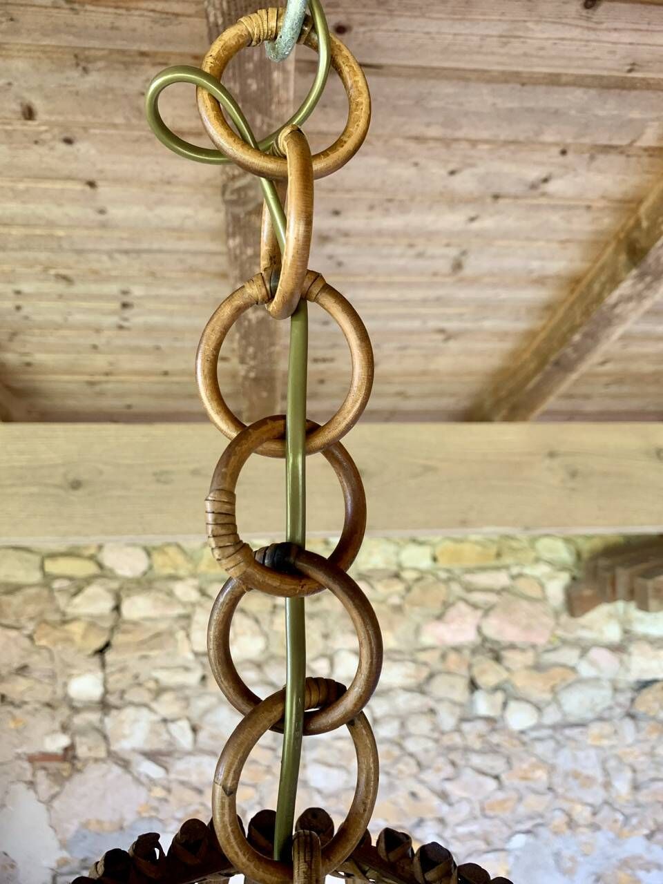 Large vintage pendant light in bamboo and rattan, circa 1960's