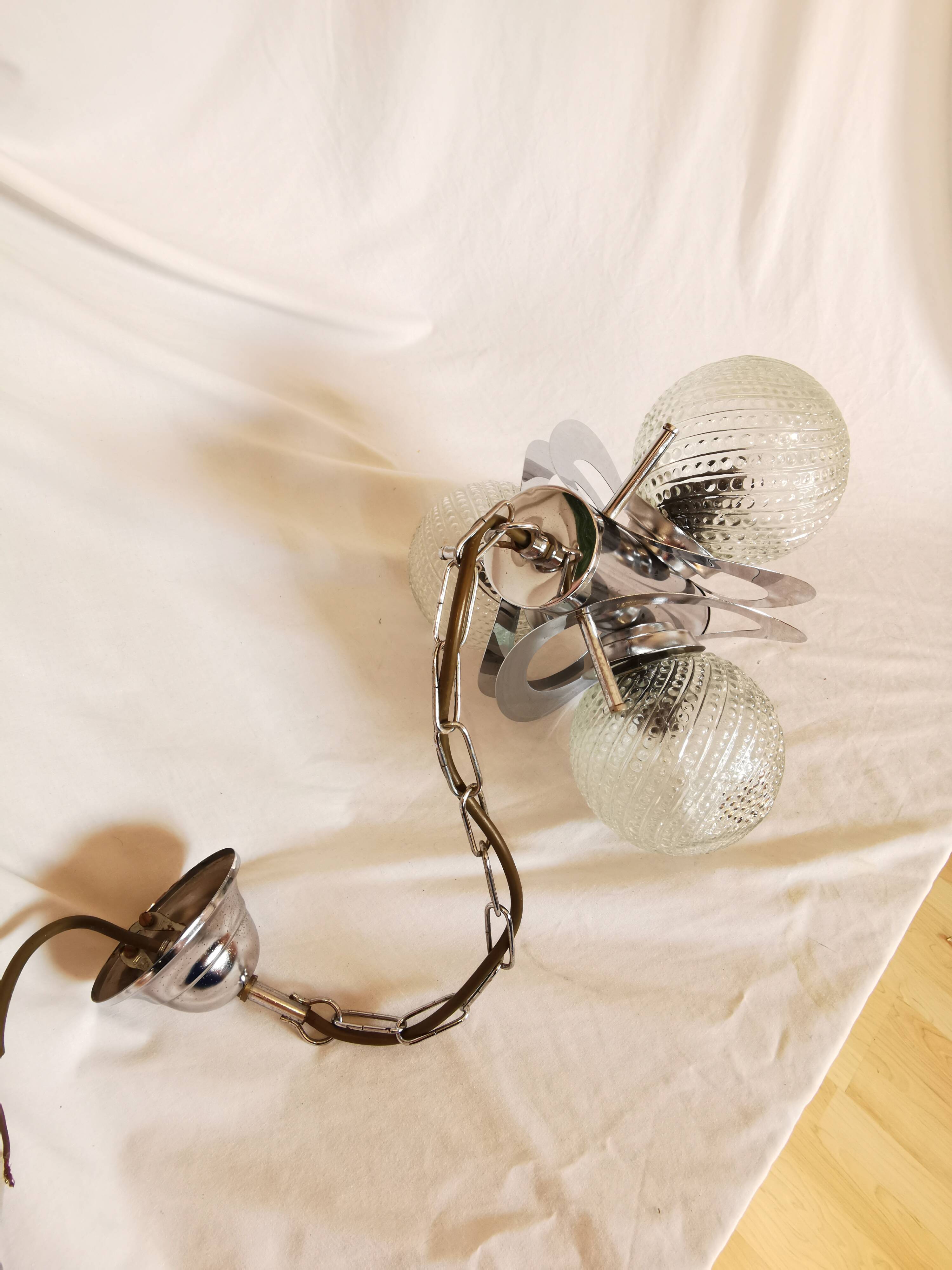 Space age chandelier with 3 lights, stainless steel and cut glass, Mazzega style, 1970